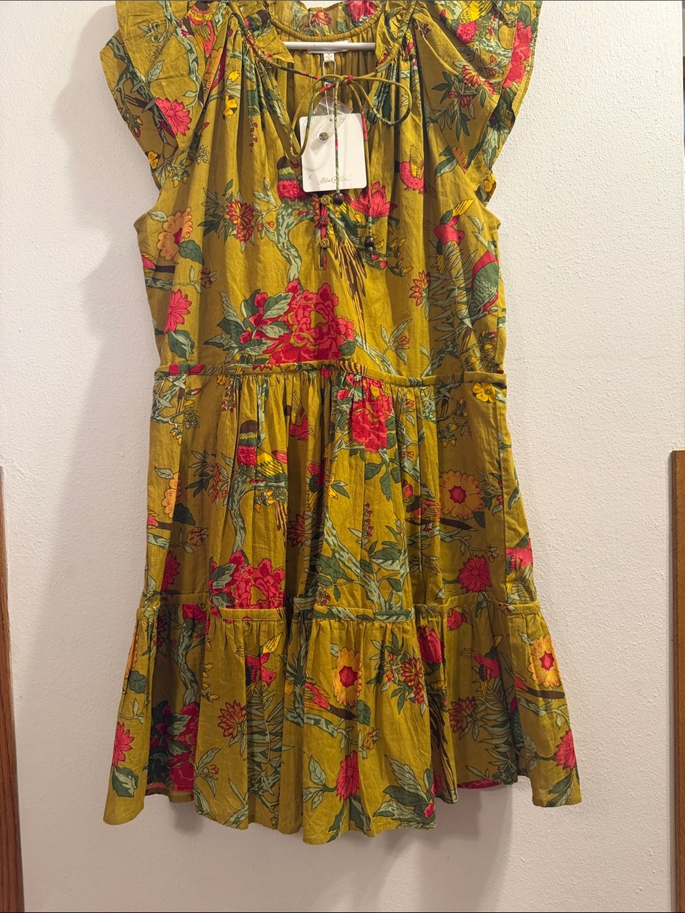 NWT Anna Cate Mustard Floral Tiered Dress with Pink & Green Accents Size Small